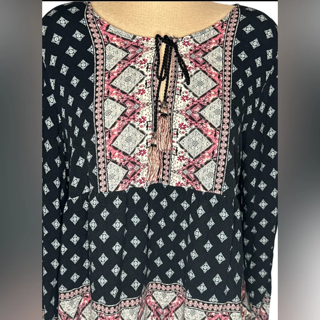 Artesia Boho‎ Long Sleeve Floral Empire Waist Top Black Pink Size XL - Image 3