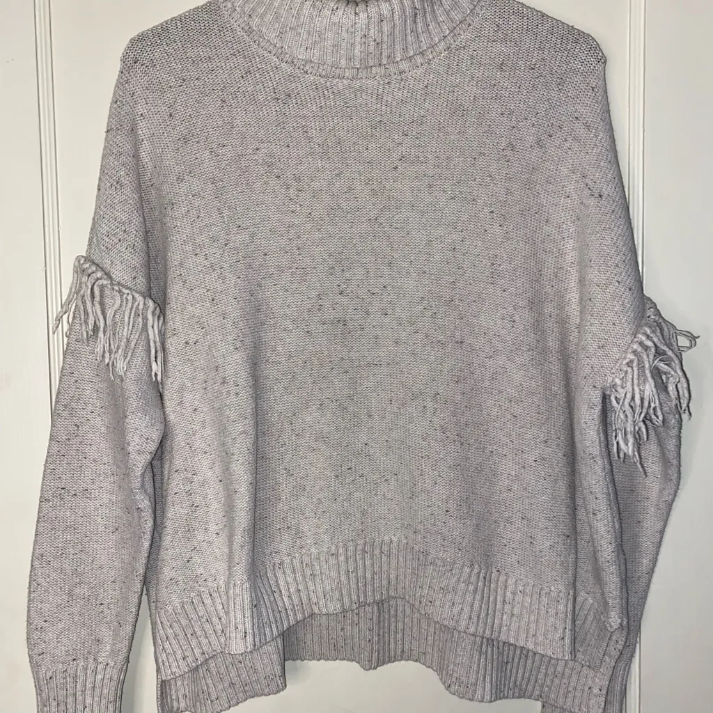 Aerie Oatmeal Fringe Sleeve Turtleneck Sweater Large Knit Cotton Boho - Image 9