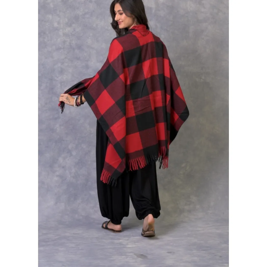 Rhea Red Black Buffalo Plaid Poncho Fringe Open Front One Size Size undefined - Image 3