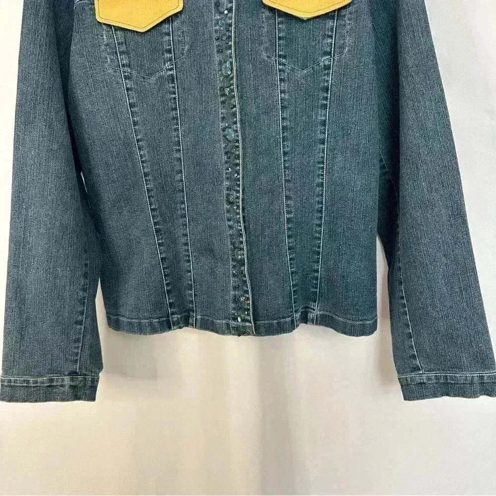 Christopher & Banks Denim Jacket Embroidered Stretch Womens Sz Large Snap Button - Image 2