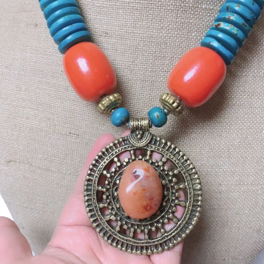 Handcrafted Boho Hippie Festival Wooden Bead Blue Orange Medallion Necklace - Image 6
