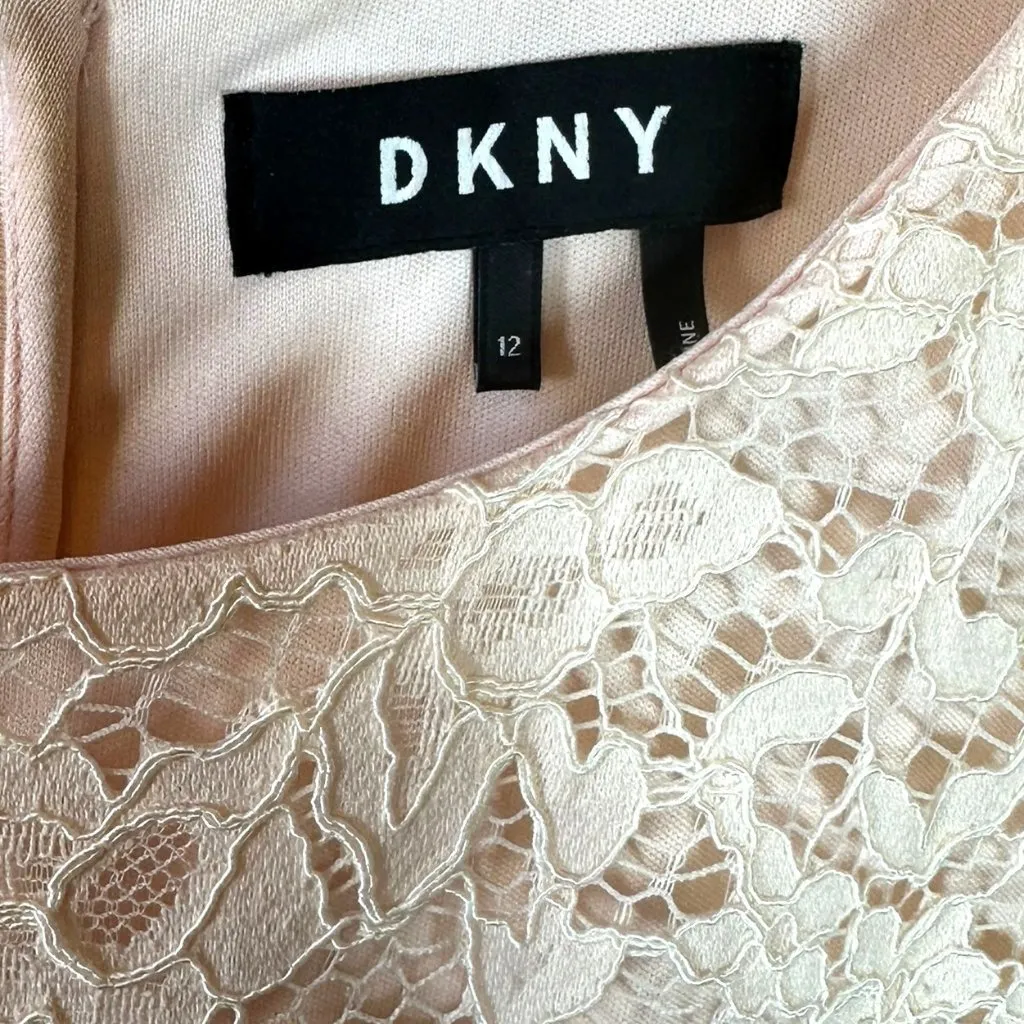 DKNY Blush Pink Lace Ruffle Dress Belted Short Sleeve Size 12 Cocktail Wedding - Image 7