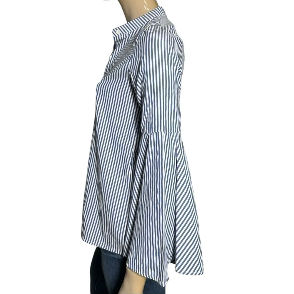 Alex Vinash Women’s Size S Navy Blue White Striped Bell Sleeve Button Down Shirt - Image 4
