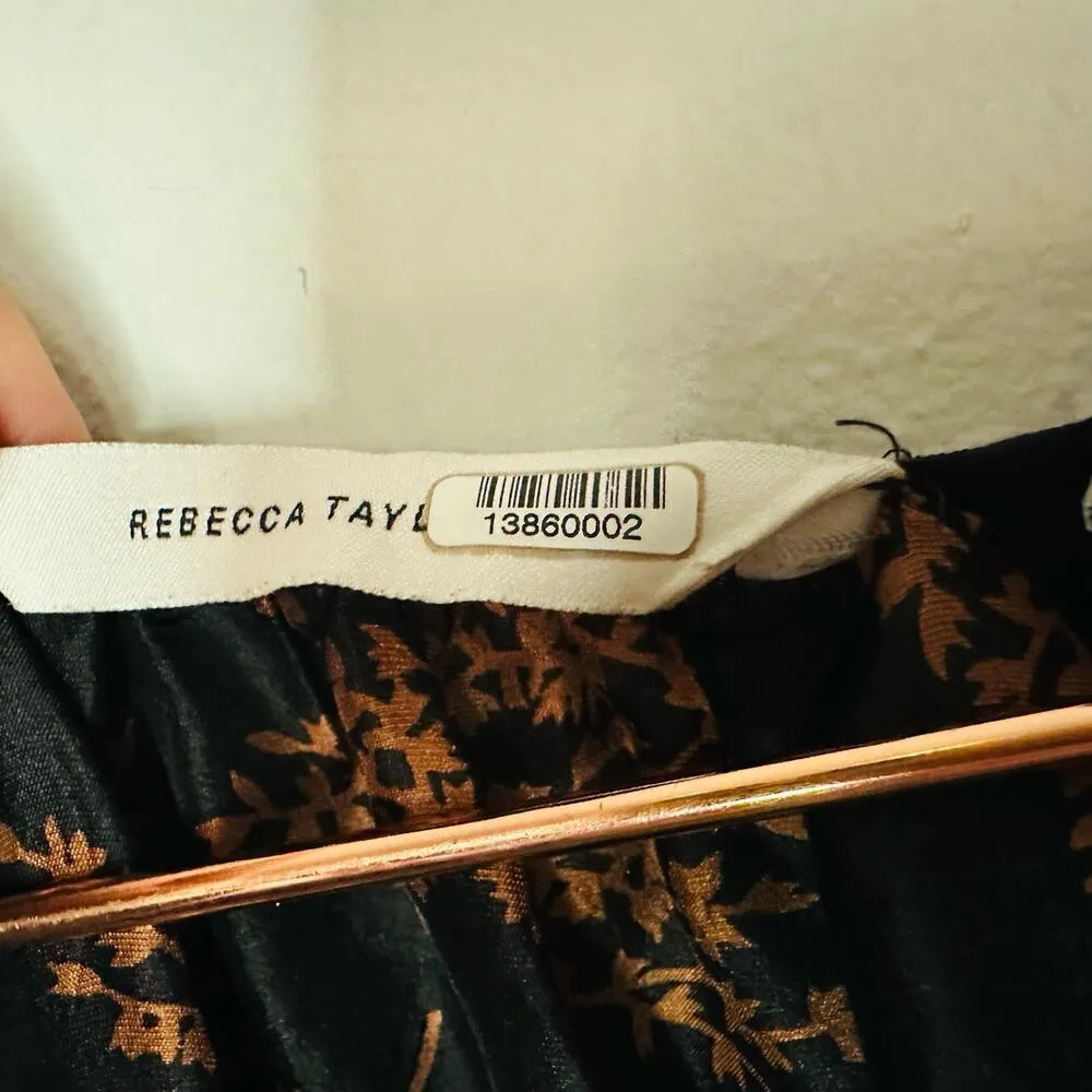 REBECCA TAYLOR Women's Black Brown Arden Fern Print Silk Midi Dress Size Medium - Image 6