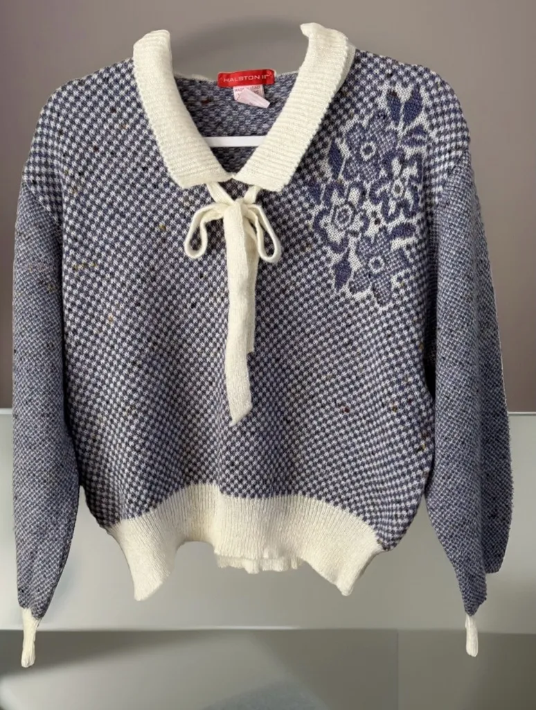 Vintage Halston III Wool Jumper Sweater Purple Wool Blend Front Tie L Italy Blue Size L - Image 1