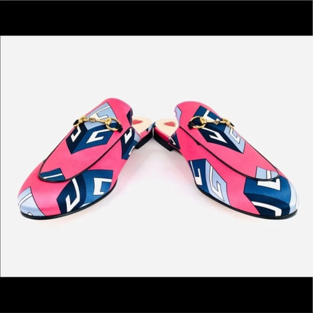 Gucci  Princetown Horsebit Satin Geometric Wallpaper Mule 432773 Slippers Size 37 - Image 10