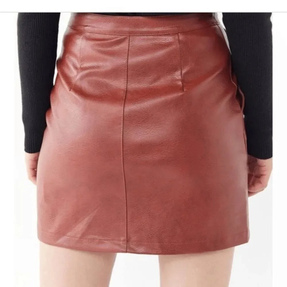 Terra Cotta Faux Leather Mini Skirt, Size Small - Image 4