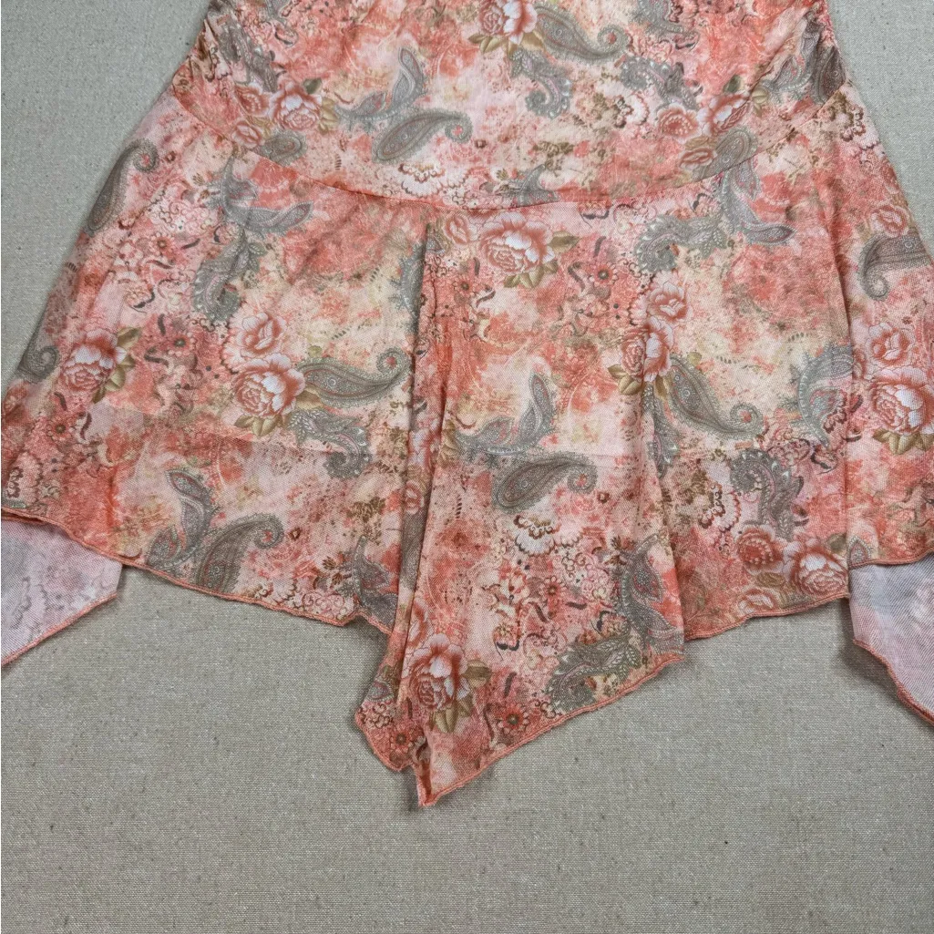 See You Monday Mesh Skirt L Pink Coral Paisley Handkerchief Asymmetrical Hem - Image 3
