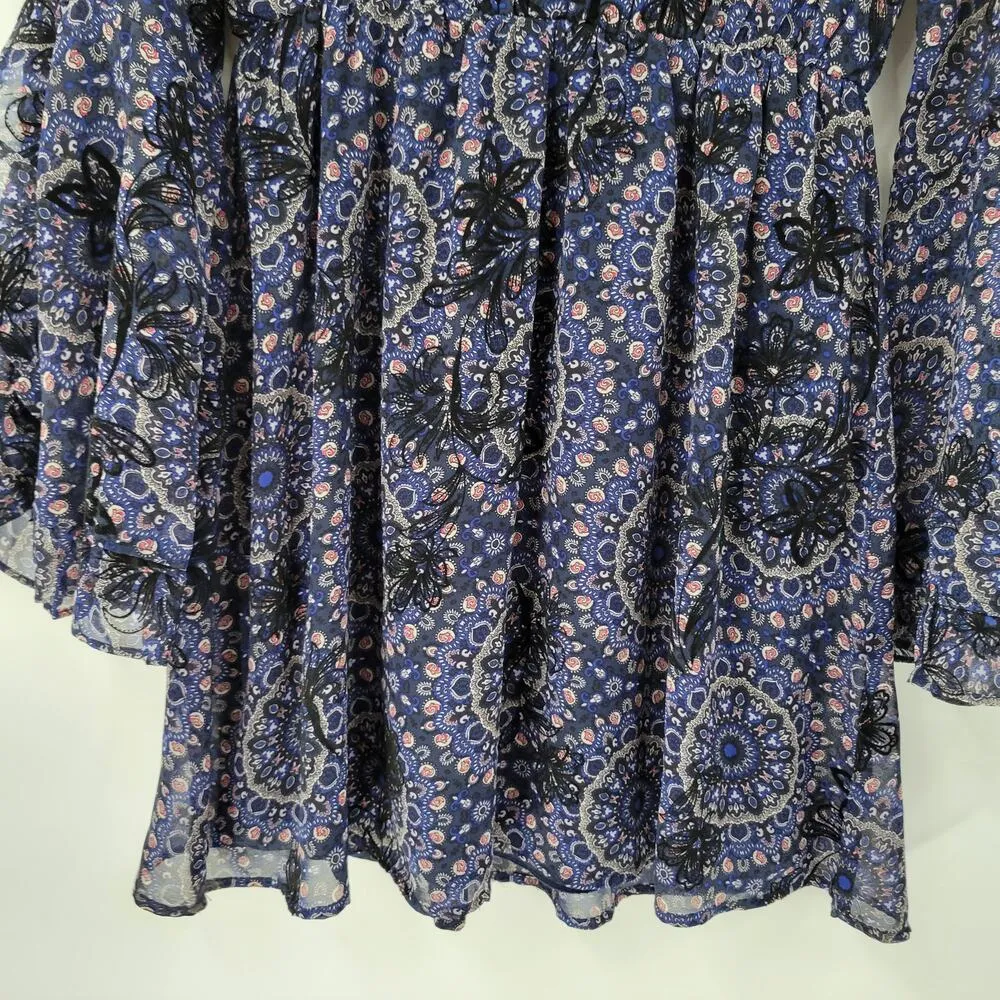 Blue Rain Womens Dress Small Blue Floral Velvet Detail V-neck Ruffle Bell Sleeve - Image 12