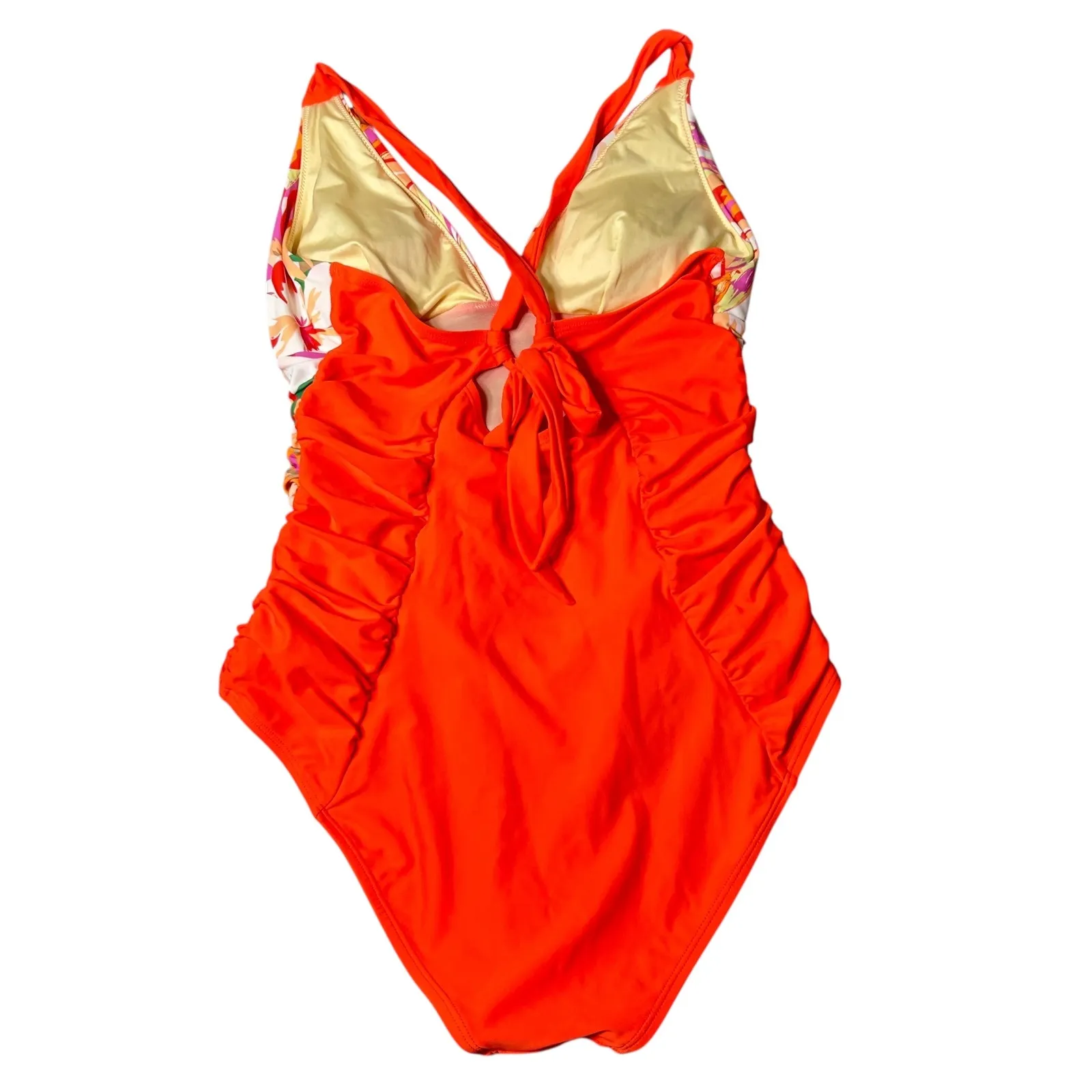 New Womens Swimsuit S/M Floral One Piece Ruched Orange Accents Pool Beach - Image 3
