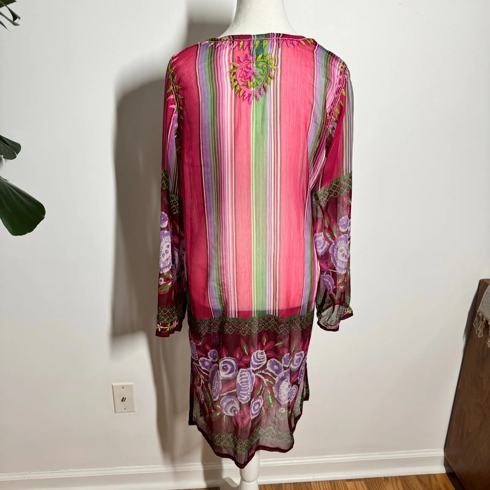 Raj Silk Boho Colorful Sheer Coverup Tunic Dress Women L Pink Green Floral Vacay Size L - Image 6