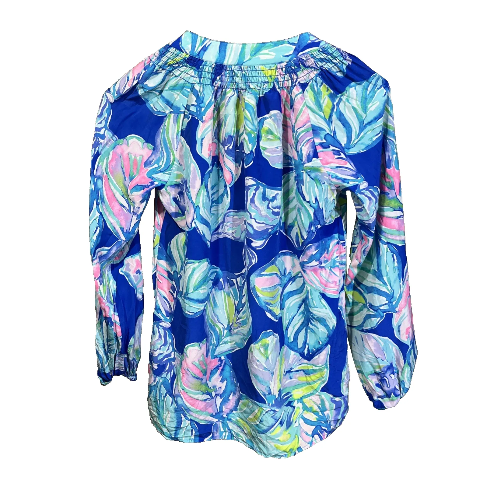 Lilly Pulitzer Elsa Silk Blouse Casa Del Sol Smocked Henley Sz XXS Colorful - Image 2