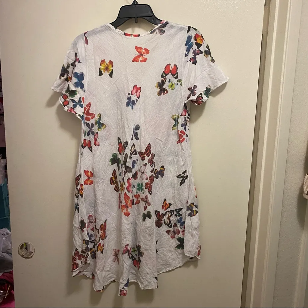 Vtg Womens White Cotton Smocked Tunic Top Or Mini Dress XL Butterflies Butterfly - Image 7