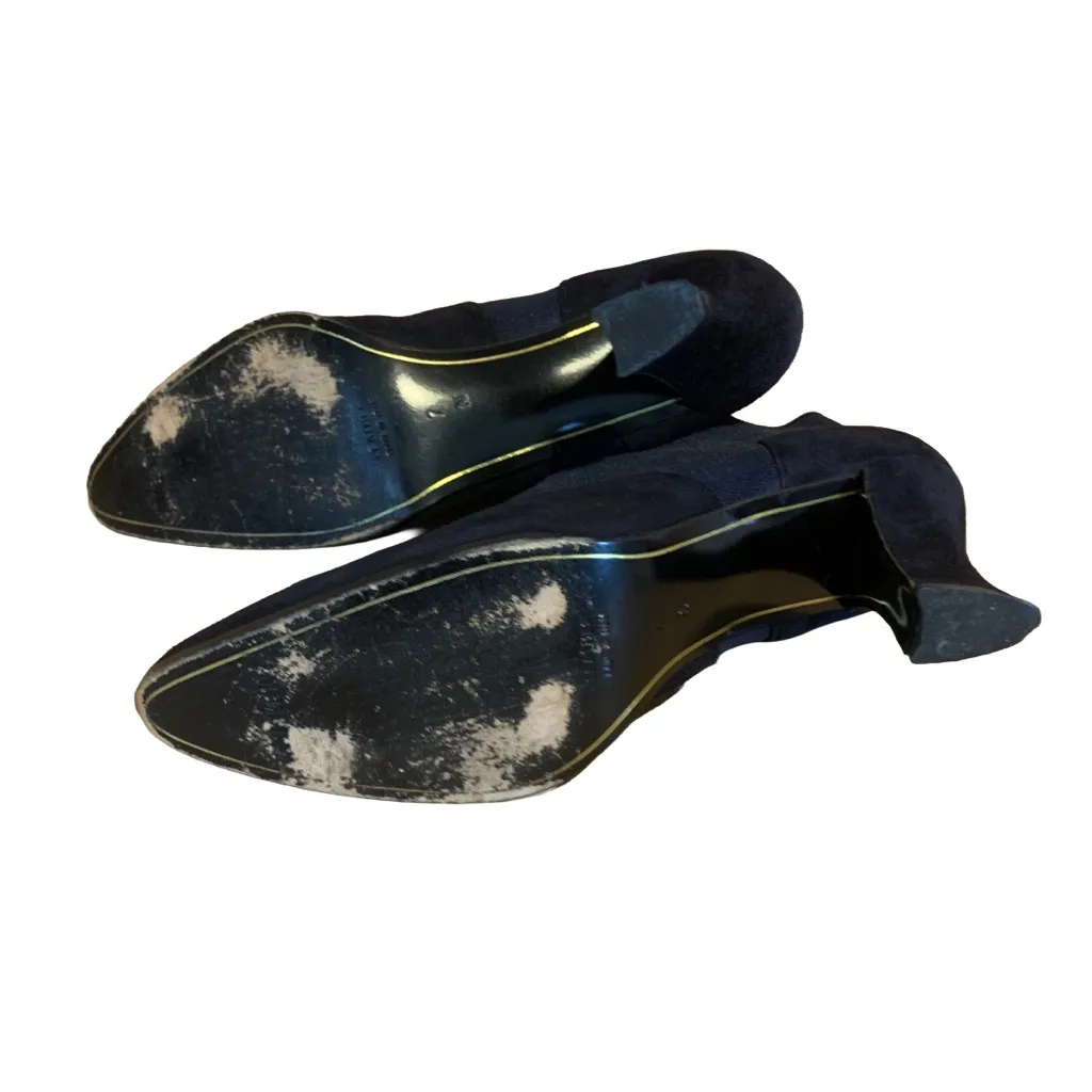 VINTAGE 1990'S/Y2K ANNE KLEIN NAVY BLUE STRETCH FABRIC & SUEDE BOOTIE HEELS (7N) - Image 9