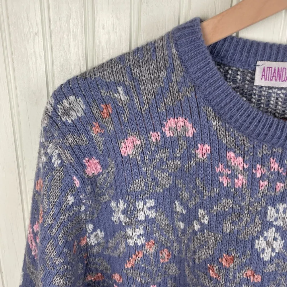 Vintage 80s 90s Amanda Smith Dusty Blue Pastel Floral Sweater Cottage Size Large - Image 3