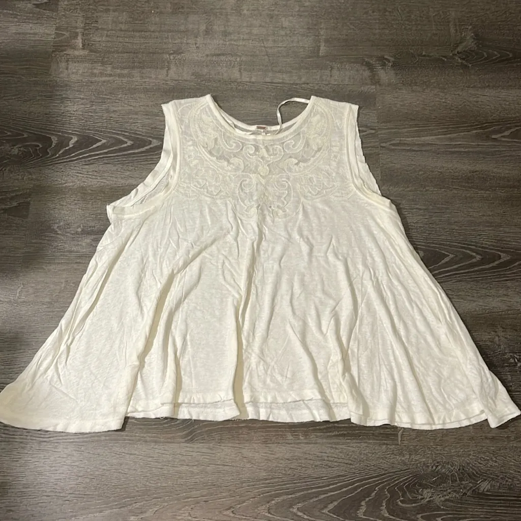 Free People‎ Women's Meant to Be Mesh Lace Tank Top Linen Blend White Size Small - Image 2
