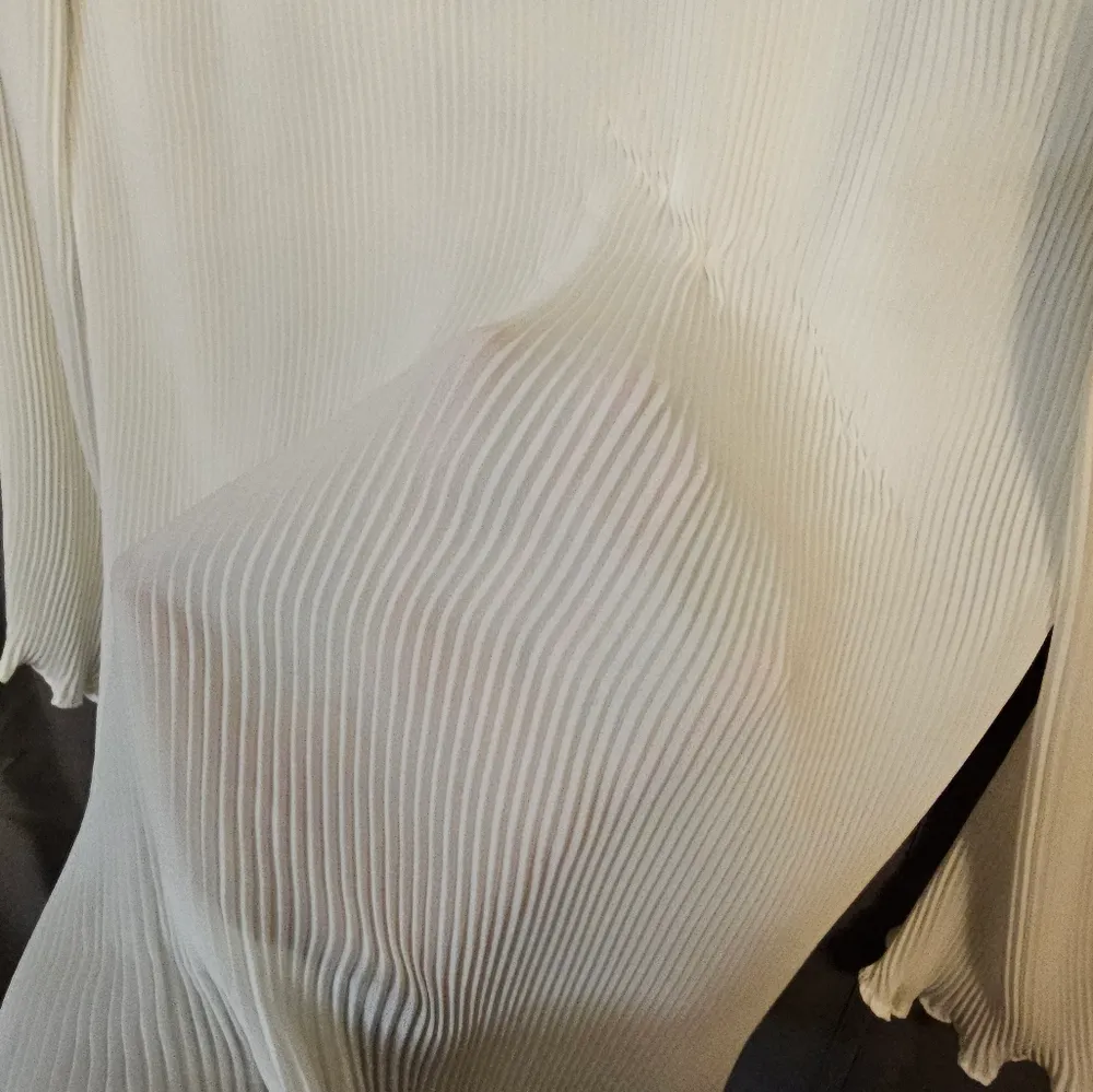 Melissa Paige Ivory Vintage Look Neck Tie High Low Tunic Blouse - Image 2