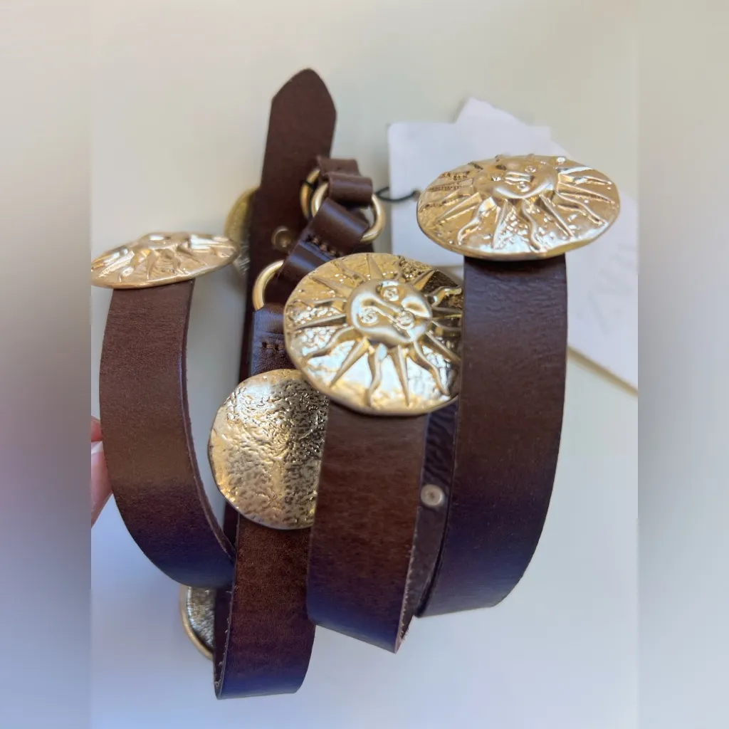 Zara Gold Sun Concho Leather Brown Western Southwest Festival Bohemian Medallion - Image 2