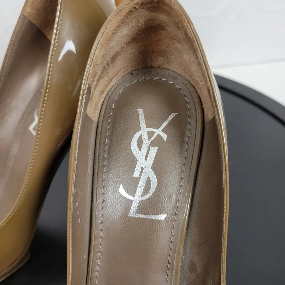 Yves Saint Laurent Womens Heels Size 8 Patent leather Platform Pointy Toe Pumps Tan - Image 13