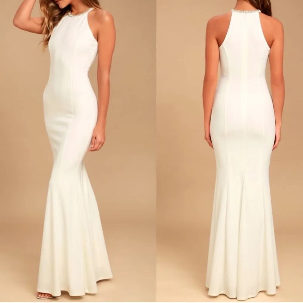 Lulu's Girl in the Mirror Halter Beaded Maxi Dress Mermaid Trumpet Gown White XS - Image 3