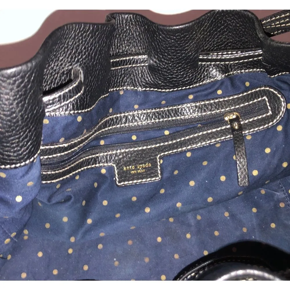 Kate Spade Drawstring Hobo Bag Black Pebbled Leather White Stitching - Image 4