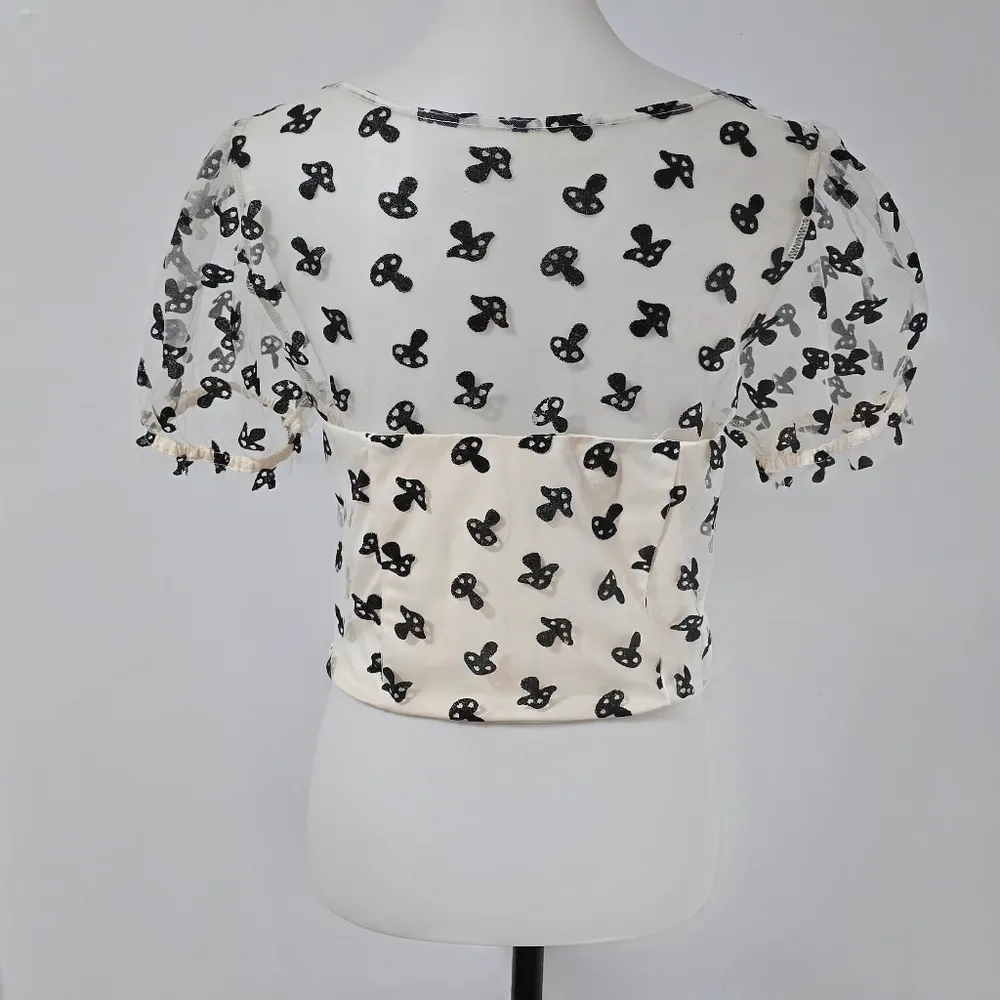 Hot Topic Black & Ivory Mushroom Glitter Mesh Top Size Large - Image 5