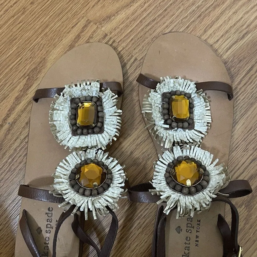 NEW! Kate Spade New york brown fringe rhinestone leather strappy sandals 6.5 - Image 4