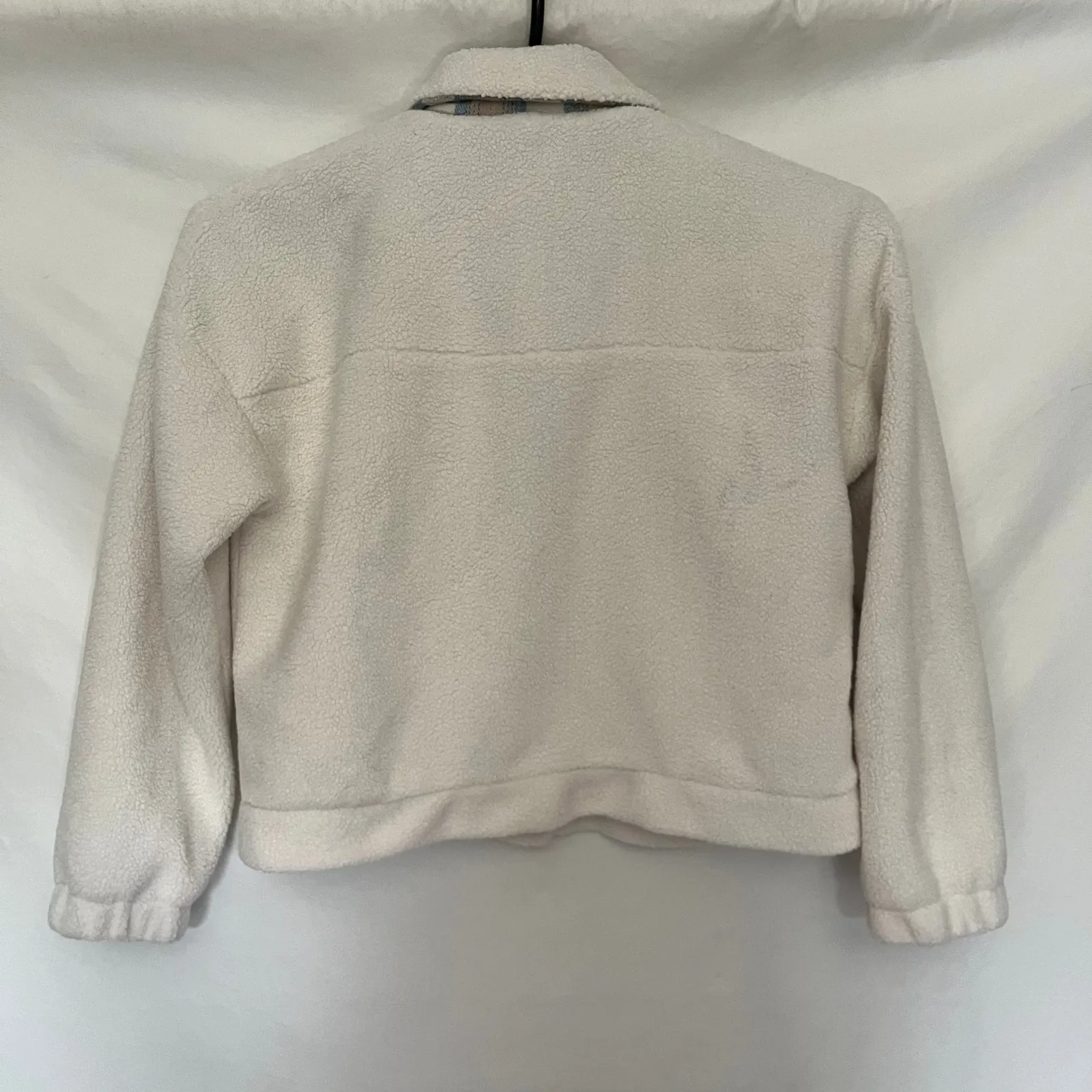 Hem Thread Sherpa Flannel Crop Womens Shacket Sz S Preppy Y2K Cottage Snap Cozy - Image 7