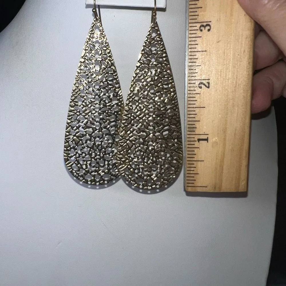 Gold Tone Long Filigree Teardrop Shape Earrings - Image 5