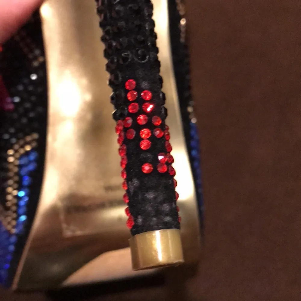 MASCOTTE Linda Platform Beaded 6” Heels Sz. 7 Blue, Pink, Black & Gold - Image 13