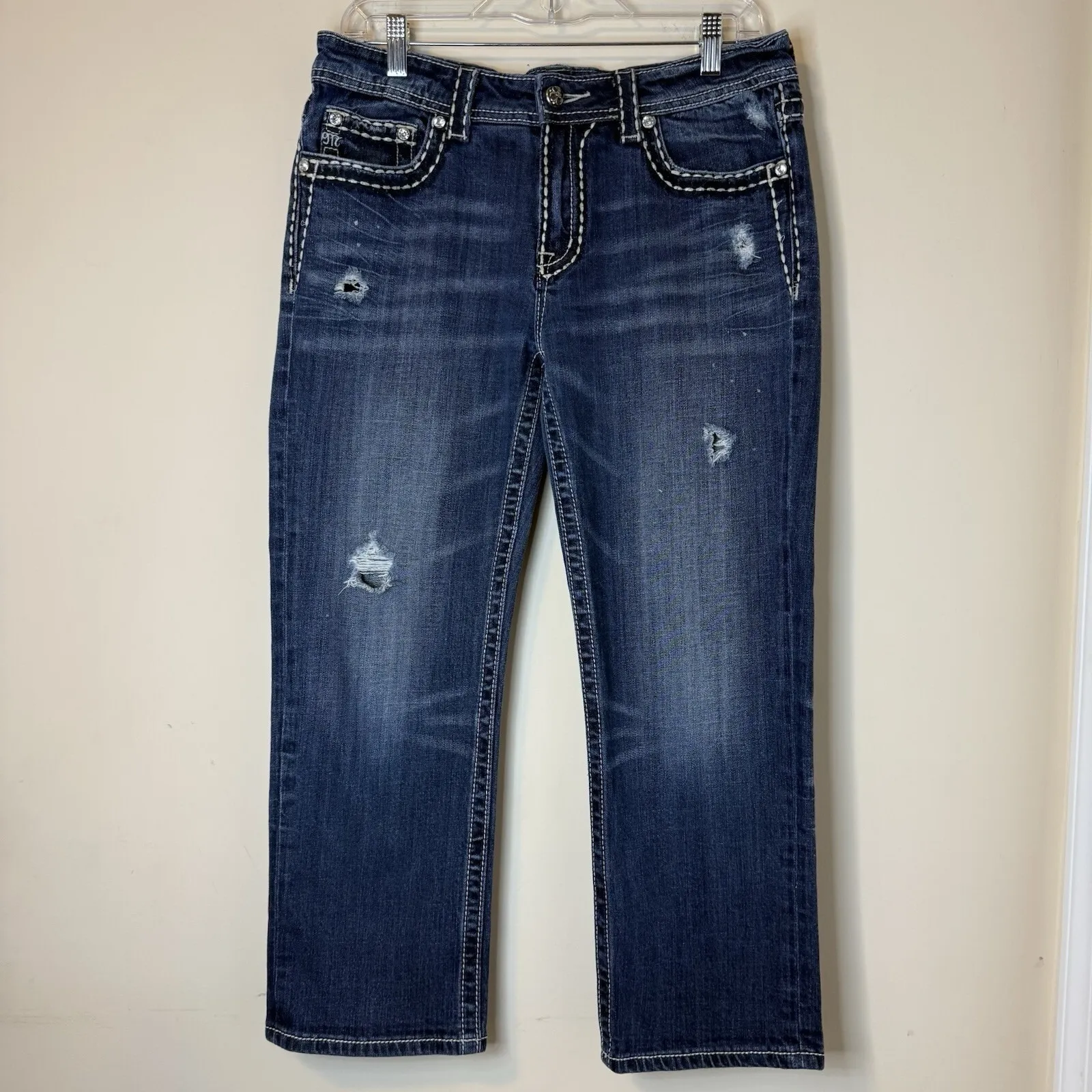 Miss Me Modelo Boyfriend Distress Mid Rise Dk Wash Capri Rhinestone Jeans 6/28 # - Image 6
