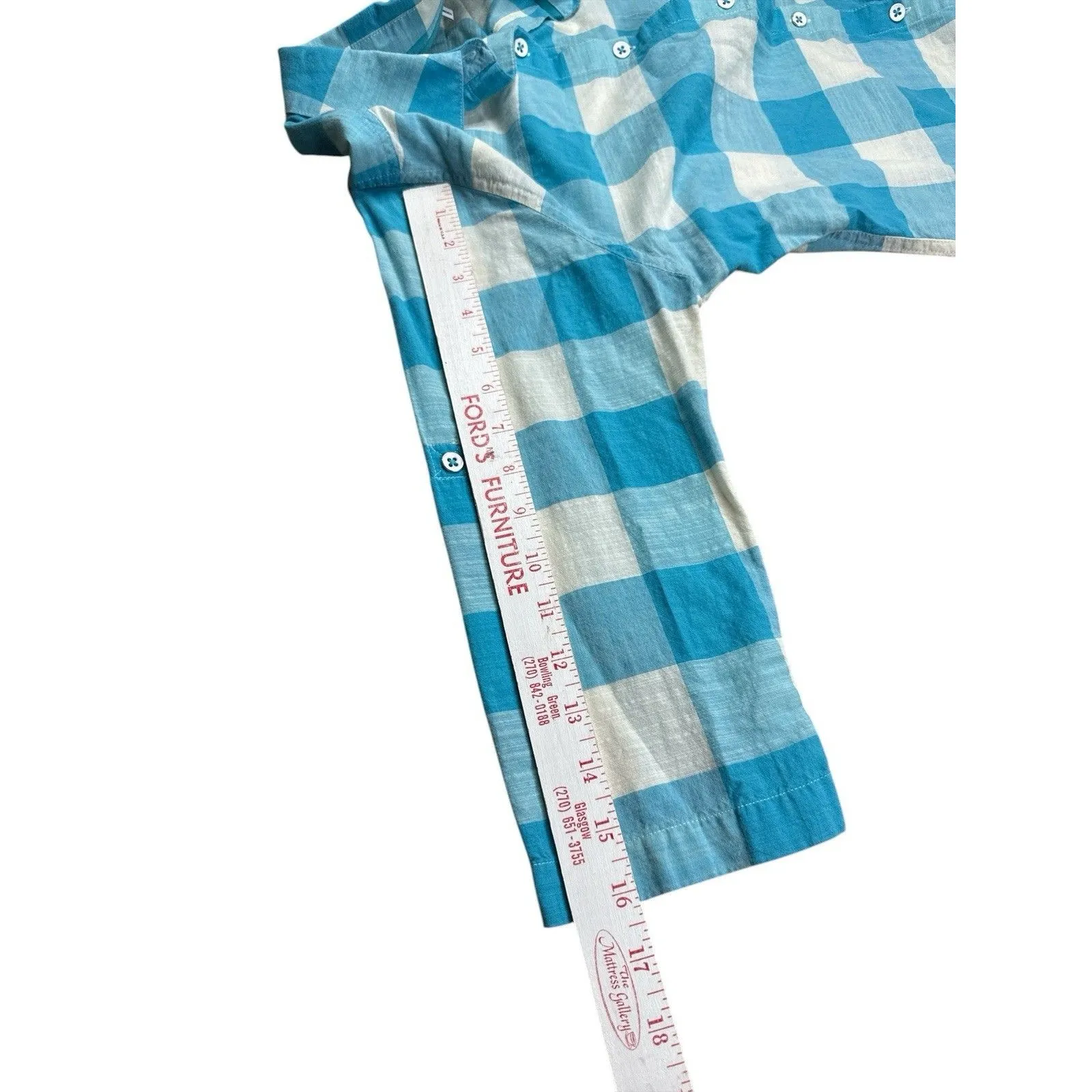 FoxCroft Blue & White Gingham Button Down Shirt Roll Tab Sleeves Size 6 Shaped - Image 7