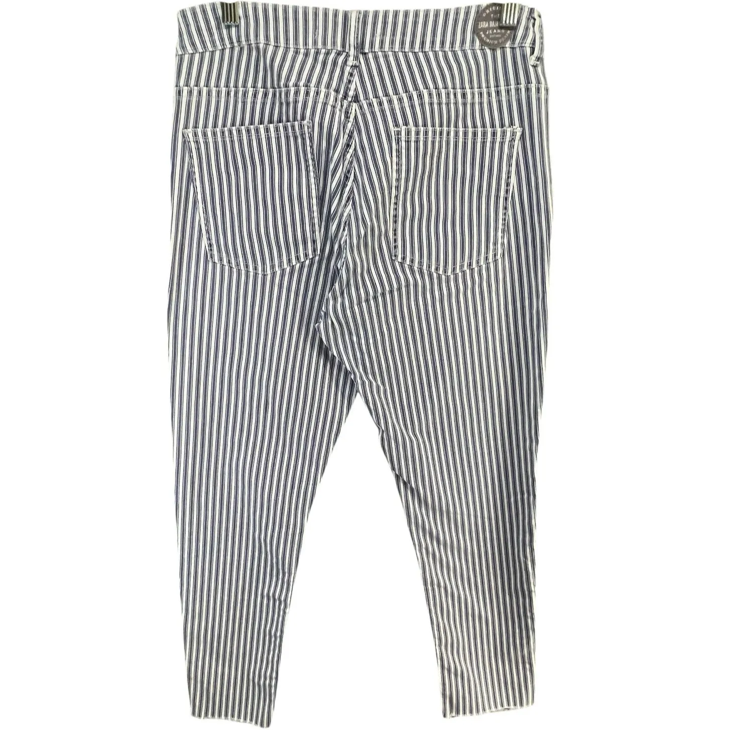 Zara Basic Z1975 Denim Jeans Women 12 Blue White Railroad Stripe Raw Hem Stretch - Image 4