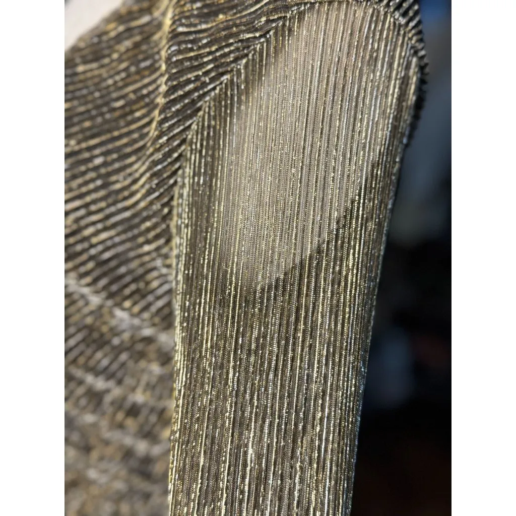 NEW STEVE MADDEN S Gold Green Metallic Ribbed Ruched Dress Long Sleeves V - Image 3