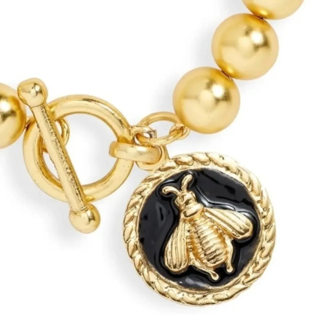 NWT Karine Sultan Black Enamel Bee Coin Charm Ball Chain Bracelet 24K Gold - Image 2