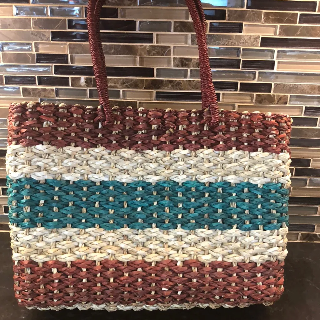 Beach Bag Straw tan brown‎ green tote bag small - Image 3