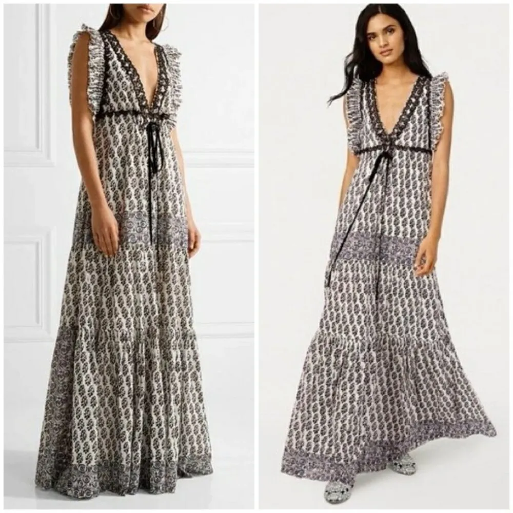 💕TORY BURCH Amita Appliquéd Printed Cotton Maxi Dress Ivory Guru Border Print 0 - Image 9