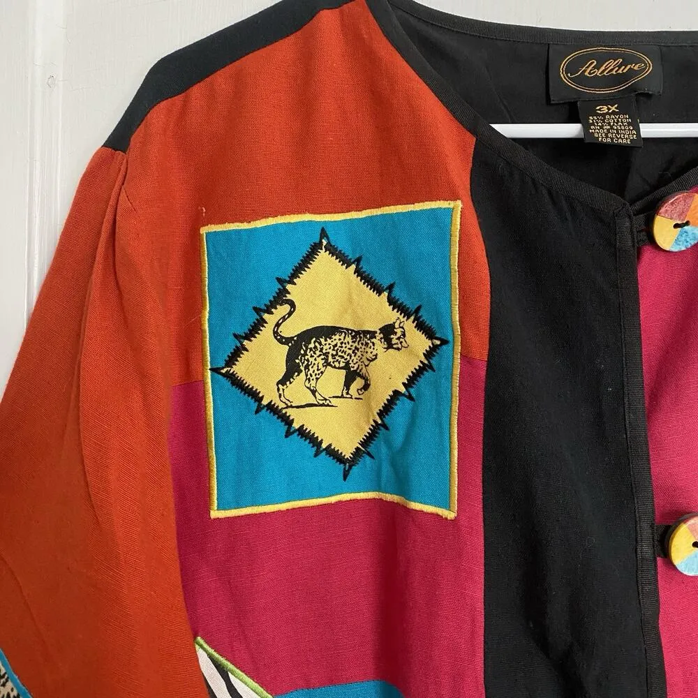 Allure Patchwork Jacket Woman 3X Animal Safari Print Cotton Artsy Boho Colorful - Image 3