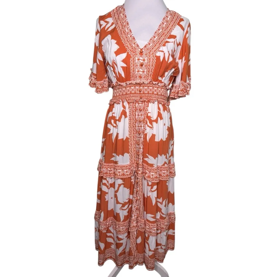 Flying Tomatoe Bohemian Maxi Dress in Orange White Floral Ruffle Dress Size L - Image 6