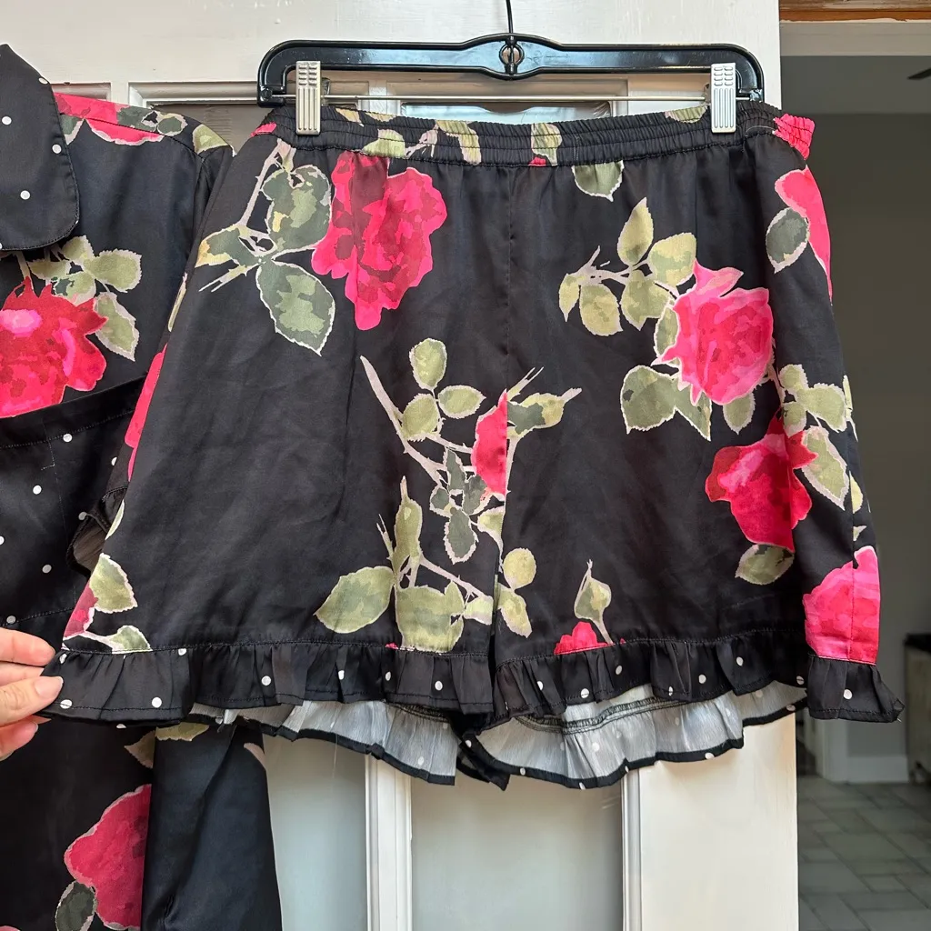 Nasty Gal Rose Floral Black Pink Ruffle Polka Dot Pinup Pajama Set Size Large L - Image 11
