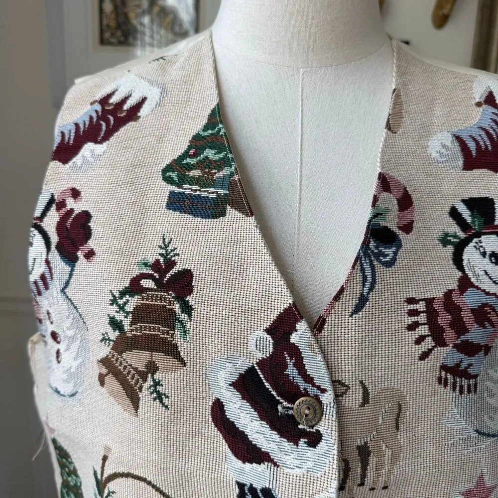 Vintage 90s Northern Traditions Snowman Christmas Tree Tapestry Vest XL Green - Image 3