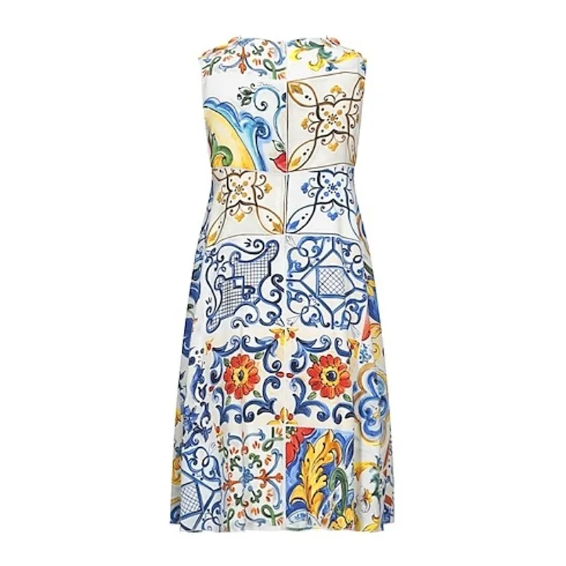Dolce & Gabbana Majolica Print A-Line Silk Dress Womens Size EU 46 US 10 White - Image 3