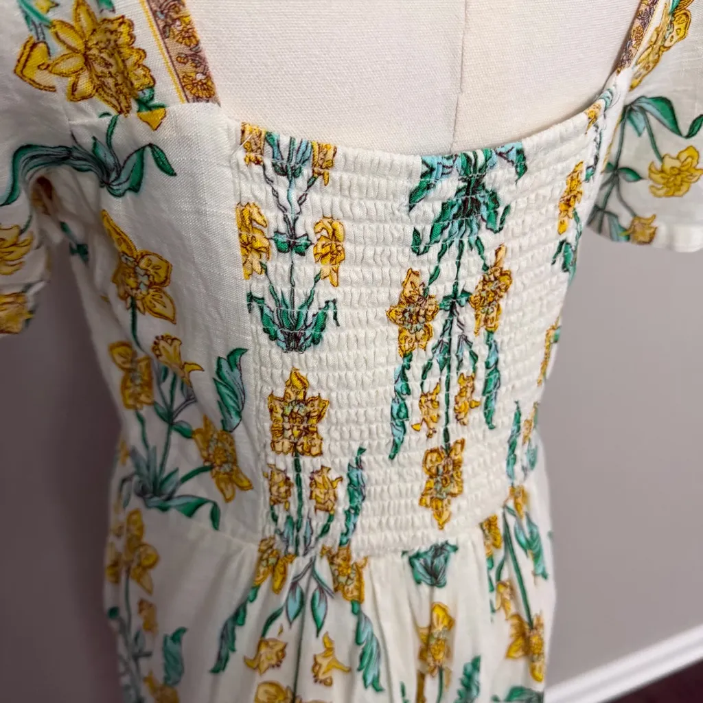 Draper James Dress Floral Linen Blend Square Neckline Lined Prairie Yellow Green - Image 12