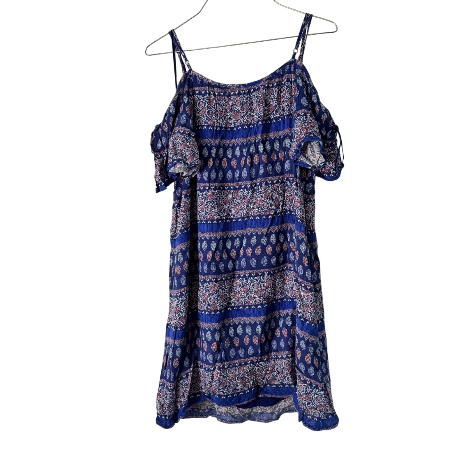 Skies Are Blue Cold Shoulder Dress Bohemian Print Casual Blue Size S - Image 6