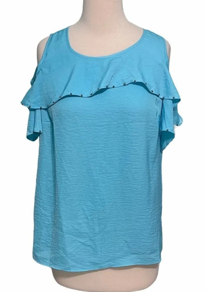 JM Collection Cold Shoulder Studded Top Short Sleeves Ruffles Bright Blue Small - Image 1