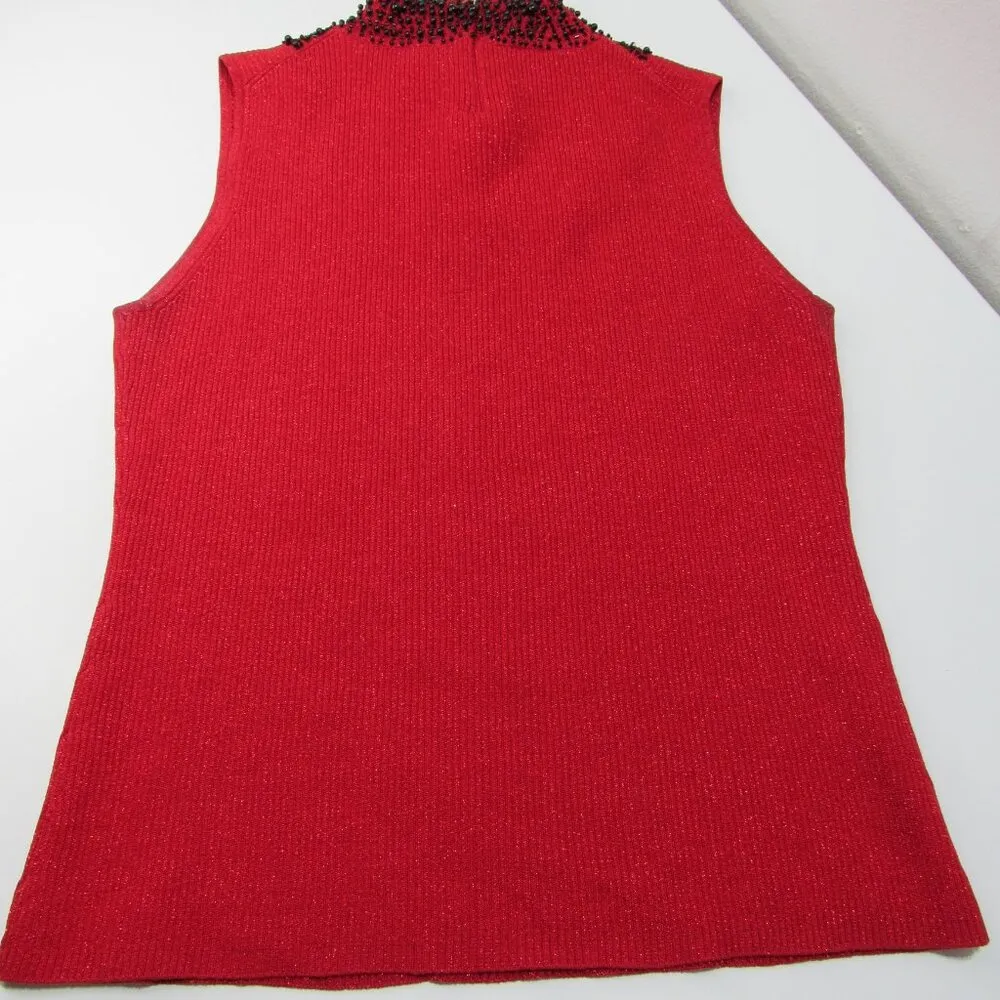 Chelsea & Theodore Beaded Mockneck Sleeveless Stretch Silk blend Red Black Top Size L - Image 6