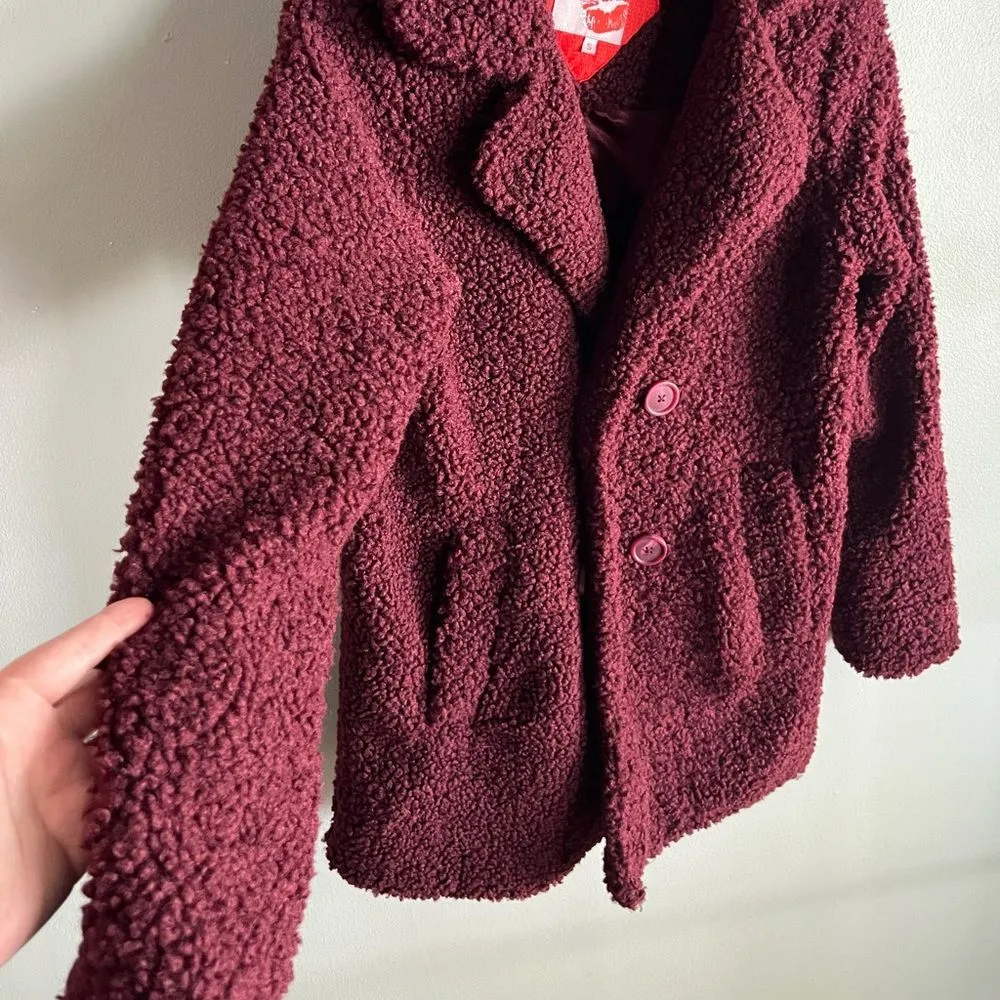 Hot Kiss Burgundy Faux Sherpa Teddy Coat Jacket Size S Double Breasted cozy - Image 4