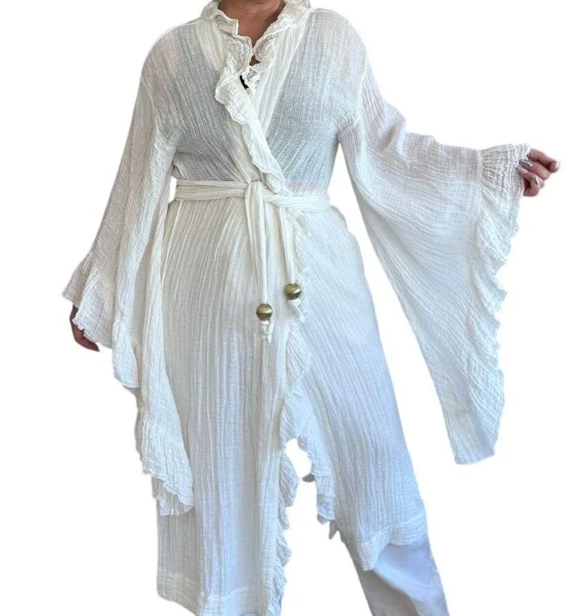 Lisa Marie Fernandez Cream Ruffled Wrap Dress Linen Blend Belted Boho Resort 4 - Image 3