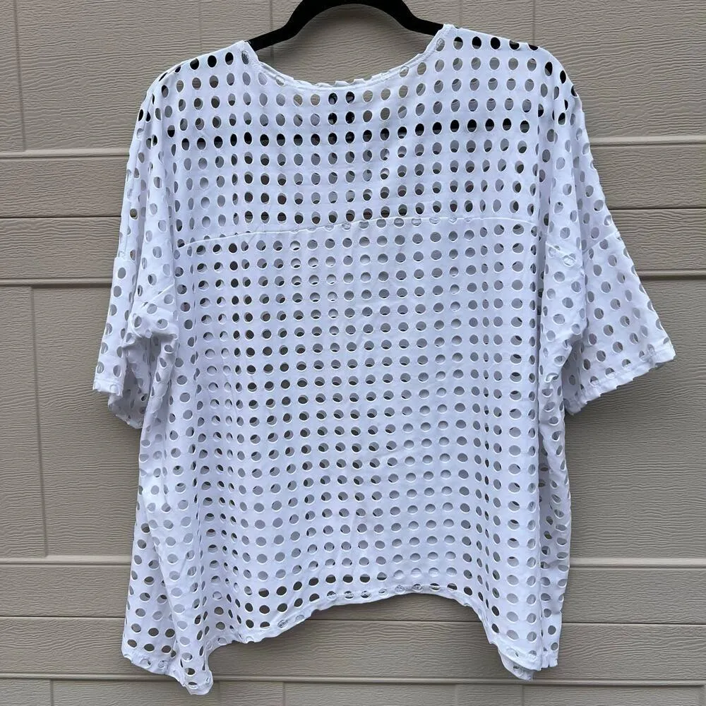 Clara Sun Woo White Mesh Net Relaxed Fit Swim Cover Up Short Sleeve Top Sz Large - Image 4