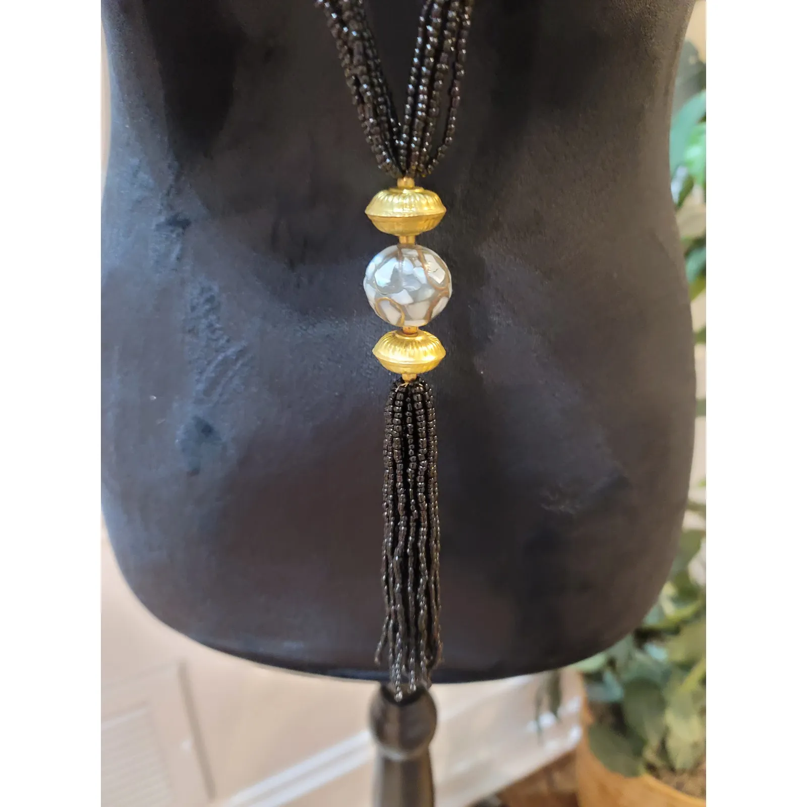 Women's Long Black Beaded Necklace With Gold Accents And Lobster Clasp Lock - Image 3
